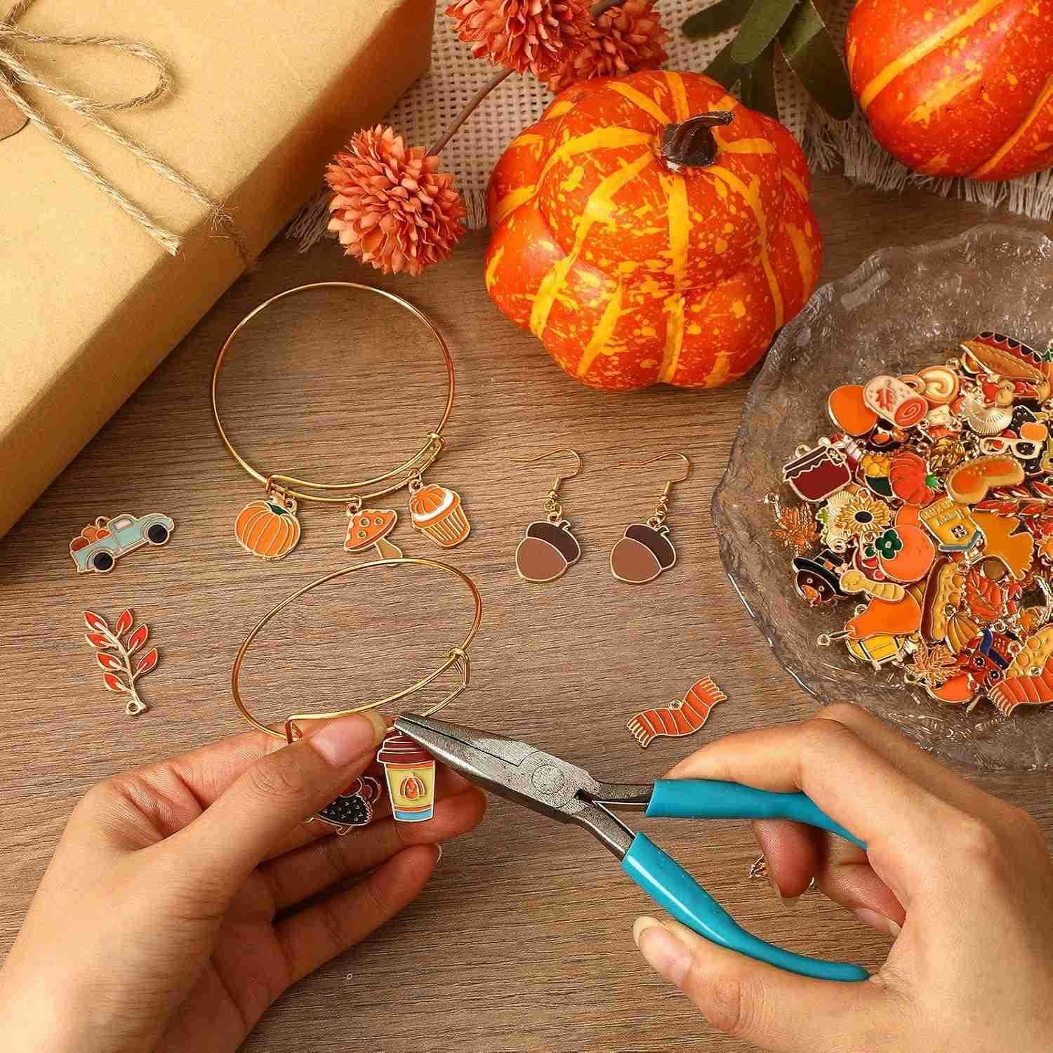 110Pcs55 Pairs Fall Charms Thanksgiving Charms for Jewelry Making Bulk Autumn Thanksgiving Pumpkin Maple Leaf Turkey Enamel Charm Pendants for DIY W25