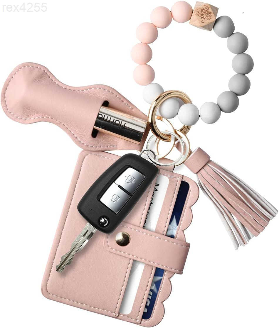 Women Wristlet Bracelet Keychain WalletSilicone Beaded Bangle Keyring TasselW250911