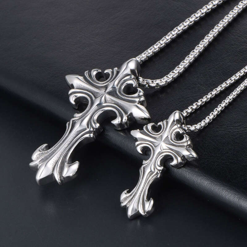 Unique Oversized Jewelry Gothic Couple Cross Flower Pendant Titanium Steel Necklace