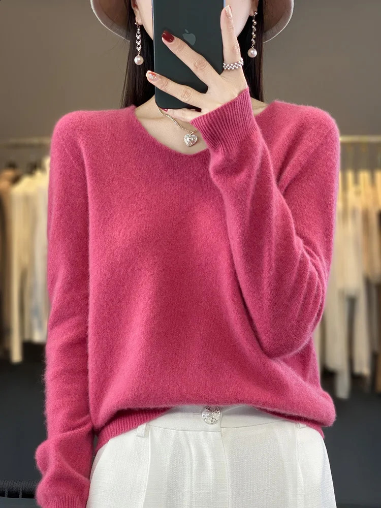 Womens Basic Vneck Pullover Sweater 100 Merino Wool Long Sleeve Cashmere Knitwear Autumn Winter Female Clothing Tops 250911