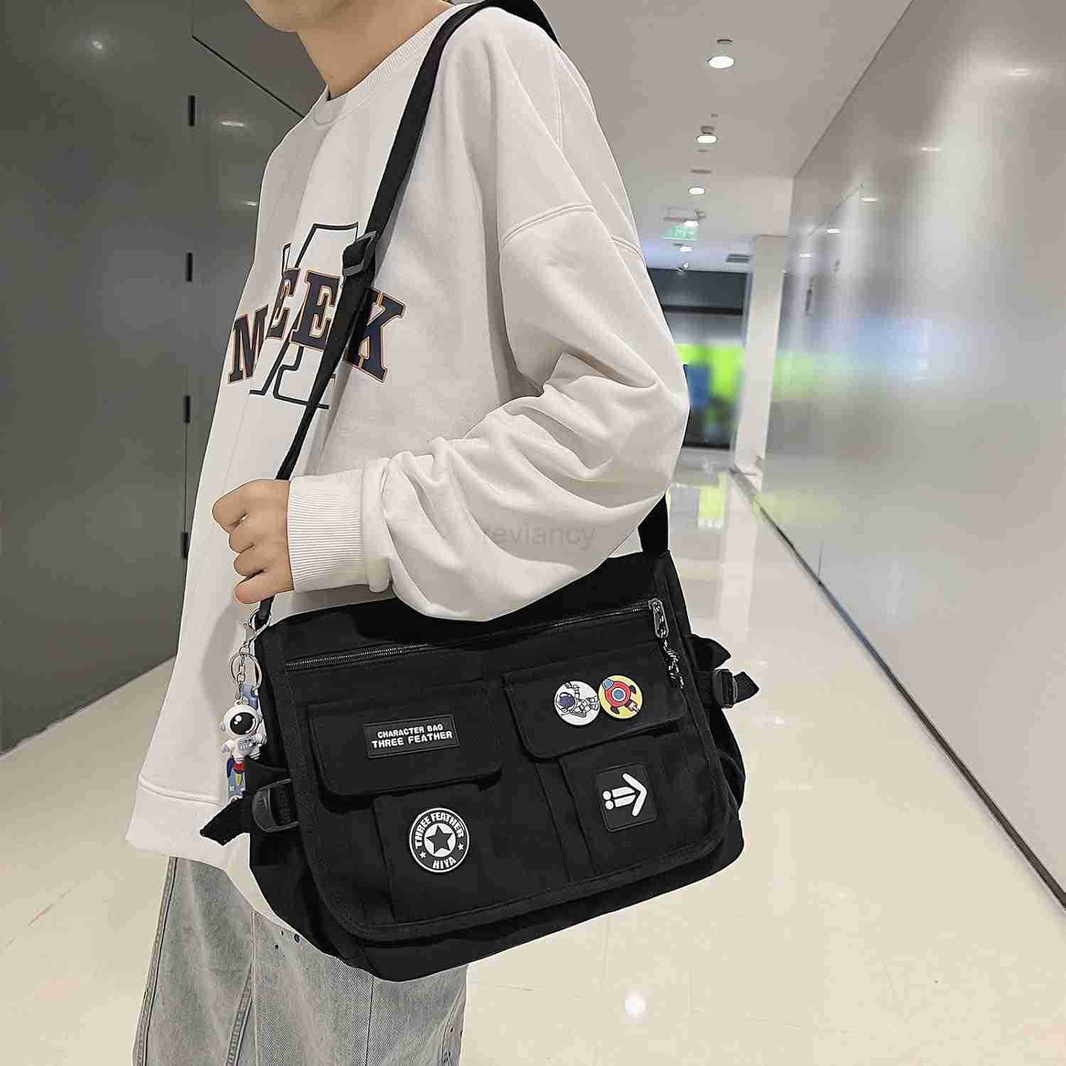 Fashion Crossbody Bag with Cute Accessories Nylon Casual Messenger Bag with Pendant Lightweight Handbag Travel Daypacks BlackW250911