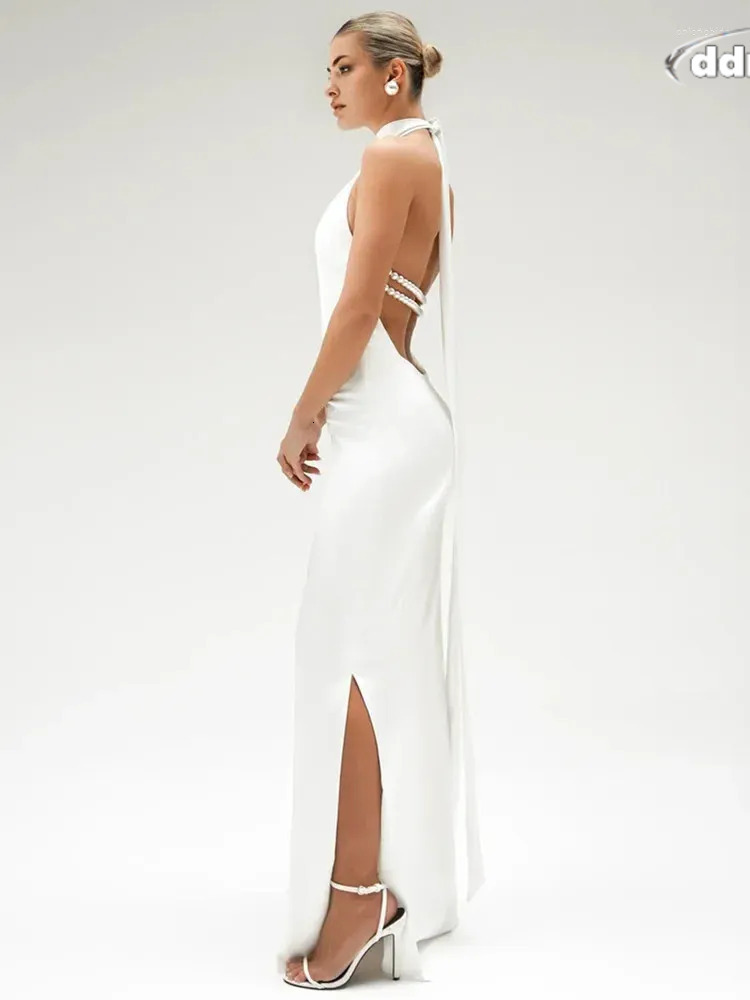 Casual Dresses Chic Women Celebrity Sexy Backless Halter Pearl Black White Maxi Long Bodycon Dress Elegant Evening Club Party Outfit TUES