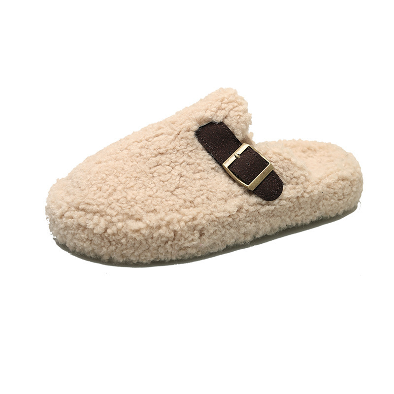 New designer shoes for women's fur leather shoes, winter plush lazy half toe slippers, outdoor new autumn and winter cotton thick soled shoes