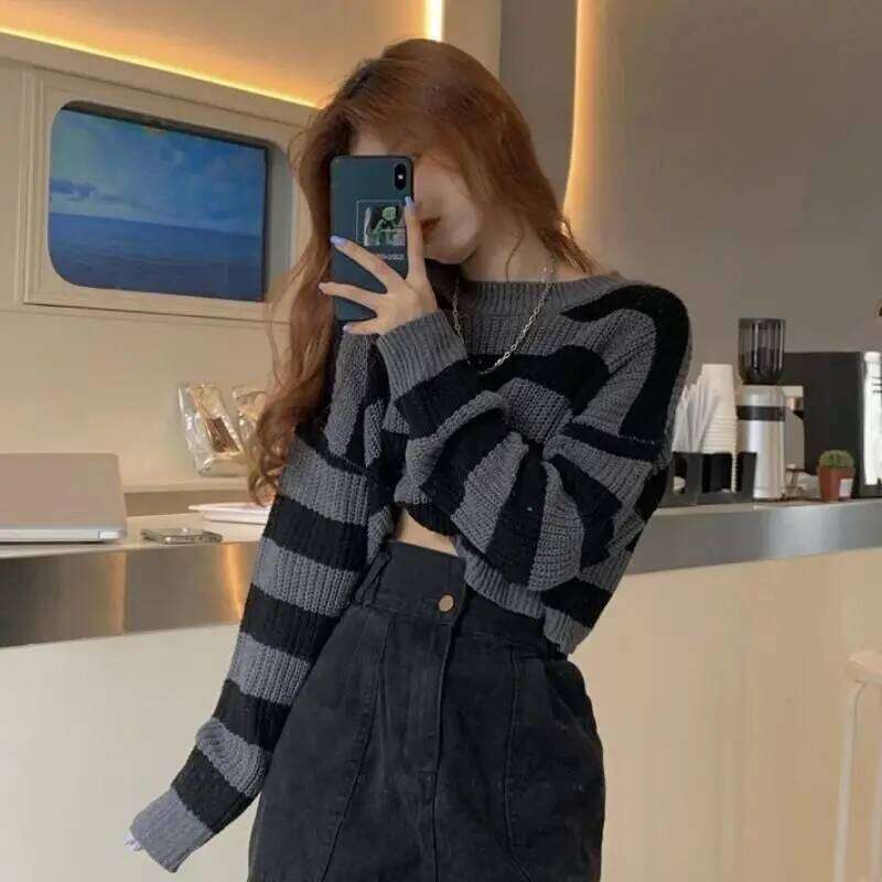 ZMZBCH Korean Style Autumn Striped Cropped Sweater Women Vintage Oversize Knit Jumper Female Long Sleeve O-Neck Pullovers Tops