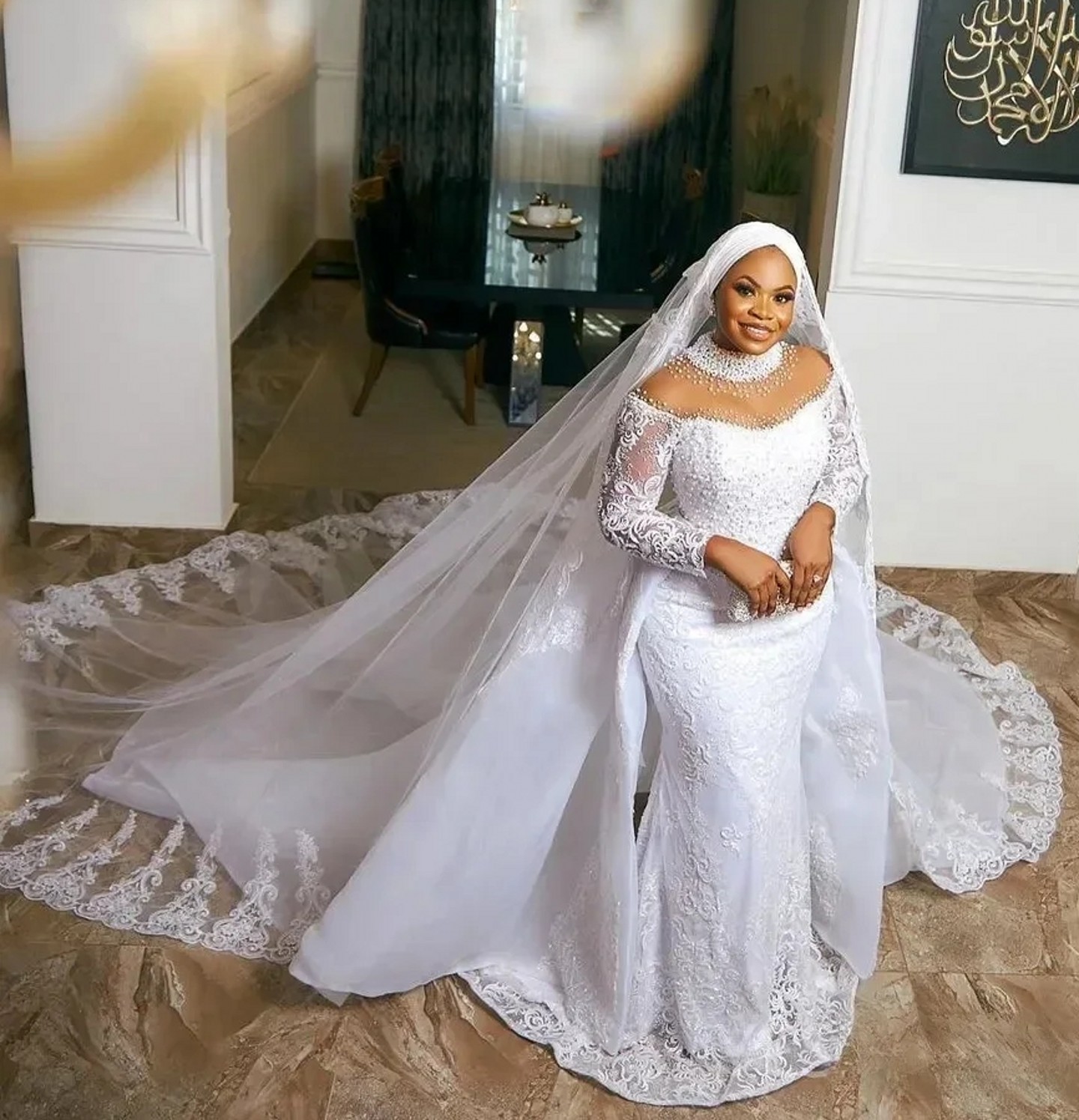 Plus Size Arabic African Wedding Dress Detachable Train High Neck Sequins Beads Lace Appliques Mermaid Bridal Gowns Vestidos De Novia