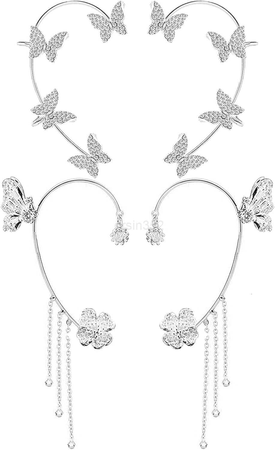2 Pairs Dainty Silver Butterfly Ear Cuffs Wraps for Women Non Piercing Bling Butterfly Tassel Style Zircon Earrings Ear Clips Bridal Wedding JewelryW2