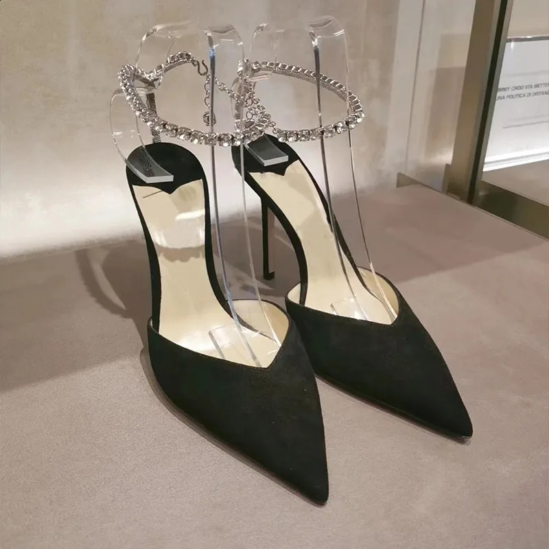 Satin Pumps Crystal Pendant One Word Rhinestone Chain High Heels Pointed Thin Heel Sexy Sandals Wedding Shoes 250911