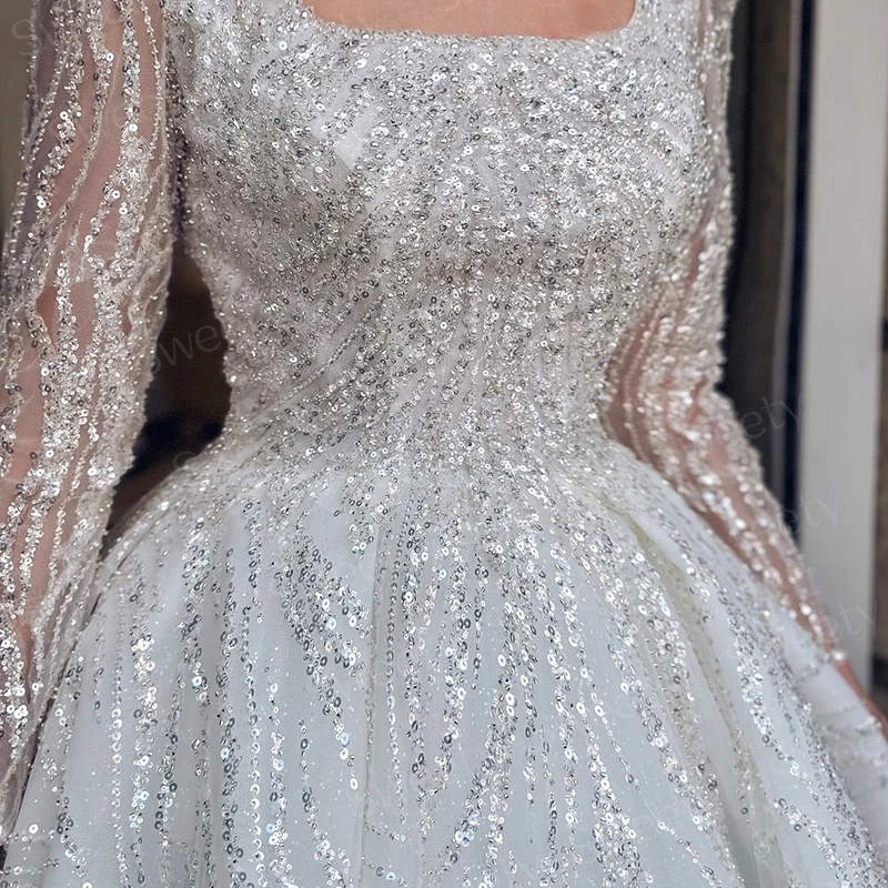 2026 Exquisite Wedding Dress With Embroidery Bead Princess Ball Gown Full Sleeve Square Collar Lace Up Sequins Bridal Gowns Vestido De Noiva