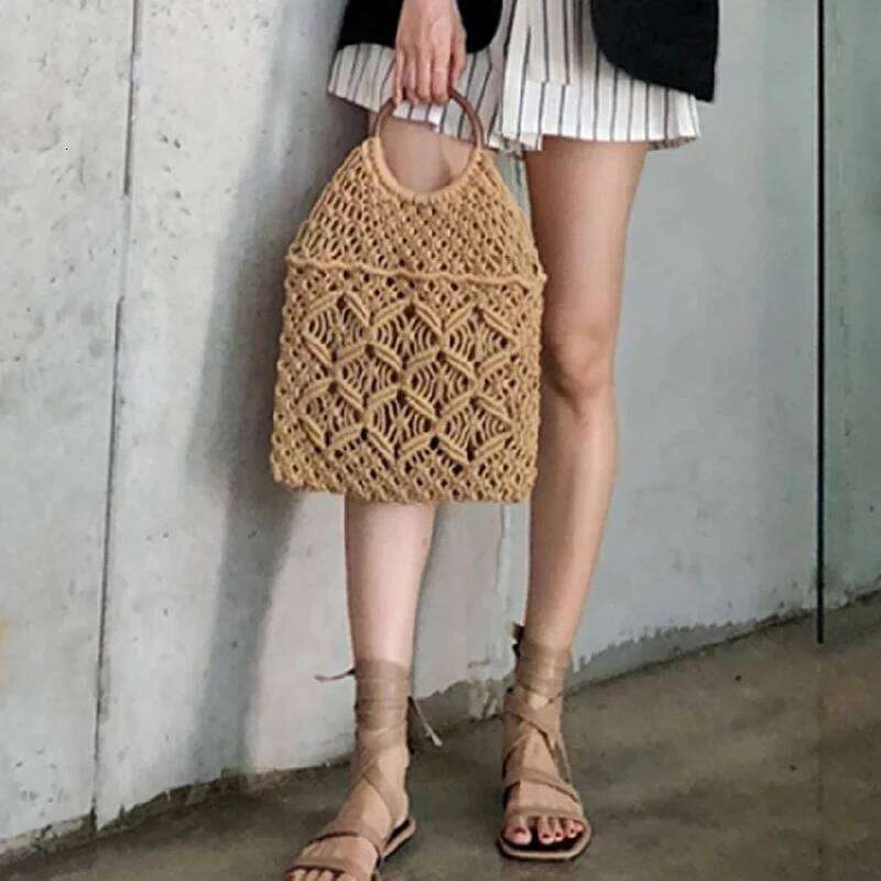 Vintage Circle Ring Top-Handle Mesh Handbag Cotton Thread Hand Woven Folding Tote Bags With Inner Bag