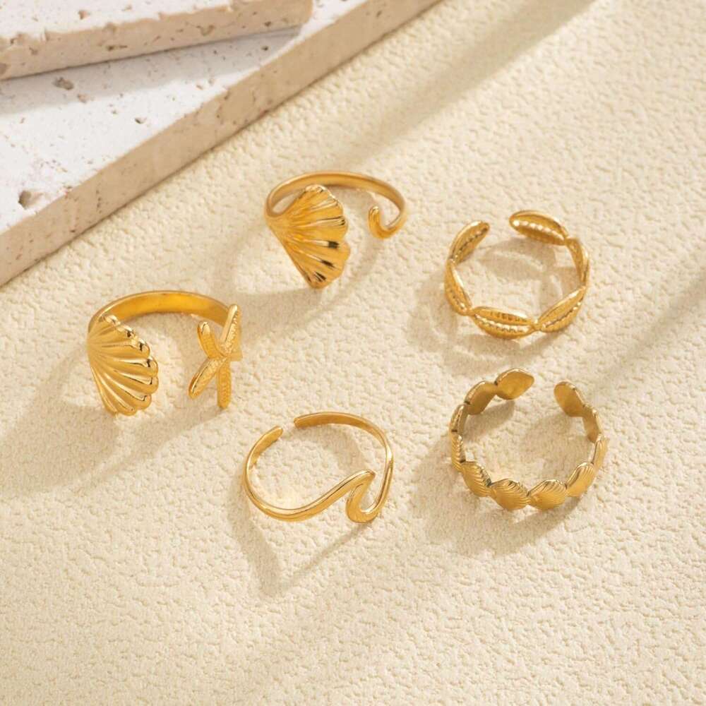 5PCS Beach Surfer Starfish Gold Dainty Seashell Wave Stacking Rings Summer Jewelry for Women Girl