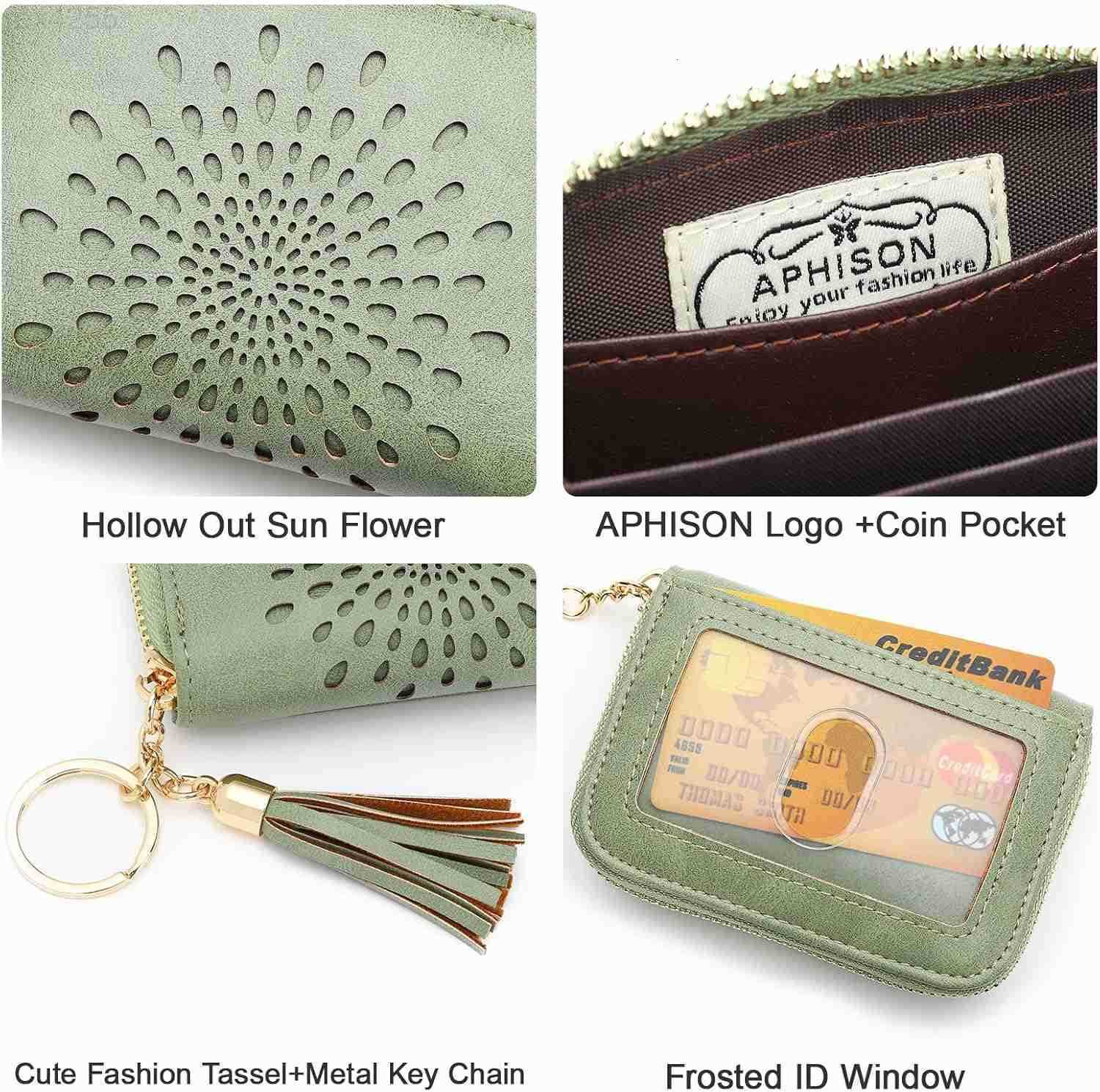 RFID Credit Card Holder Zipper Card Case Keychain Small Wallet for Women 1927 GREENW250911