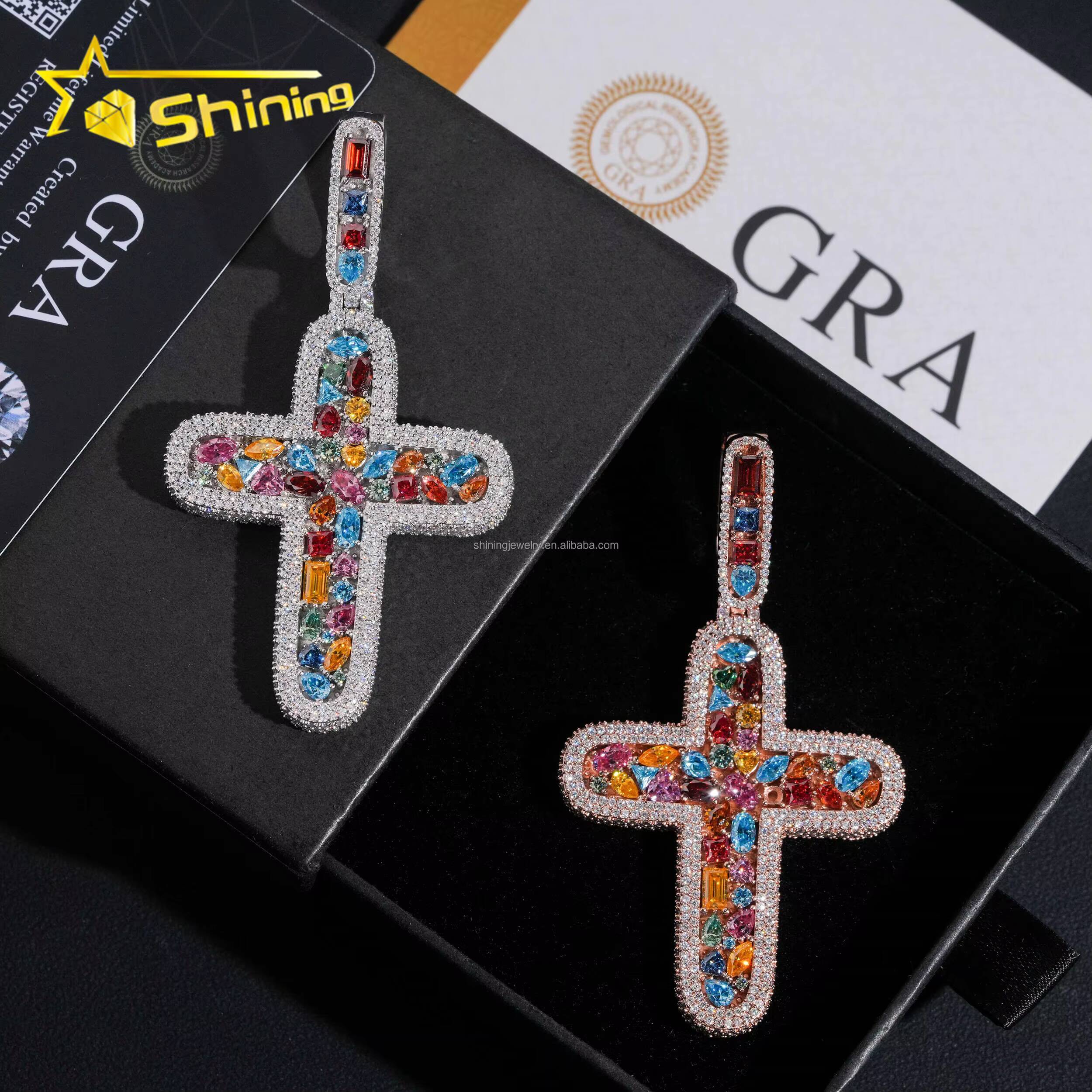 Personalized High Quality Hip Hop Rapper Jewelry Rainbow Color Moissanite Diamond S925 Solid Silver Iced Out Man Cross Pendant
