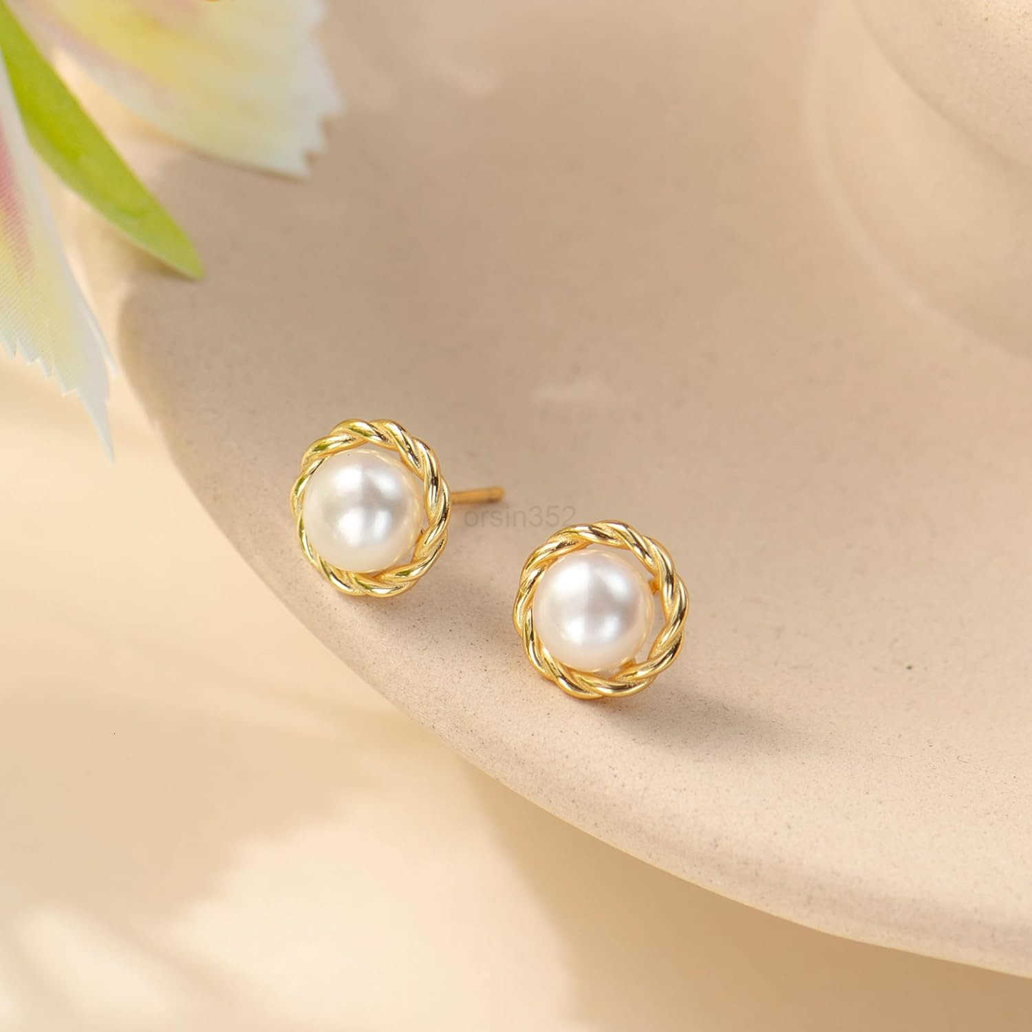 Gold Earring Studs Small Size 18k Gold plated Sterling Silver Lustrous Real Freshwater PearlsW250911