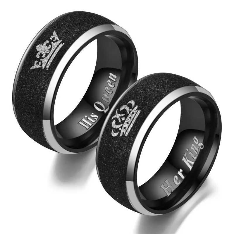 Her King and His Queen Letter Couple Rings For Women Men Crown Black 8MM Stainless Steel Matte Ring Lovers Wedding Jewelry W250911