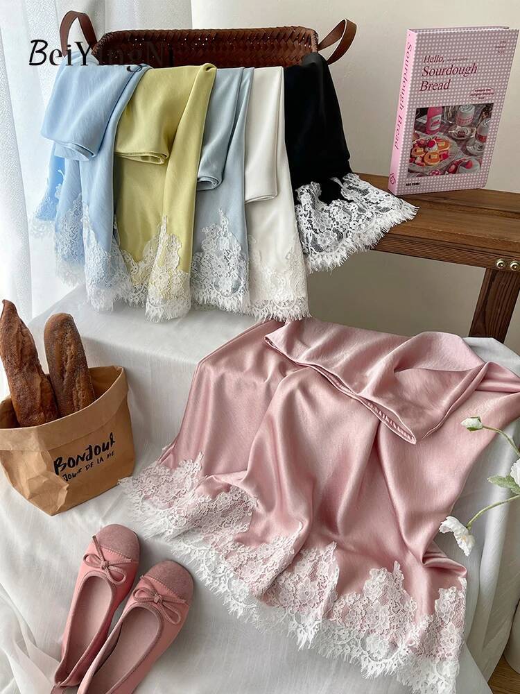 Beiyingni French Elegant Satin Mermaid Skirt Women Spring Summer Lace Patchwork Pack Hip Long A-line Skirts Office Ladies Faldas dongdumaoyi