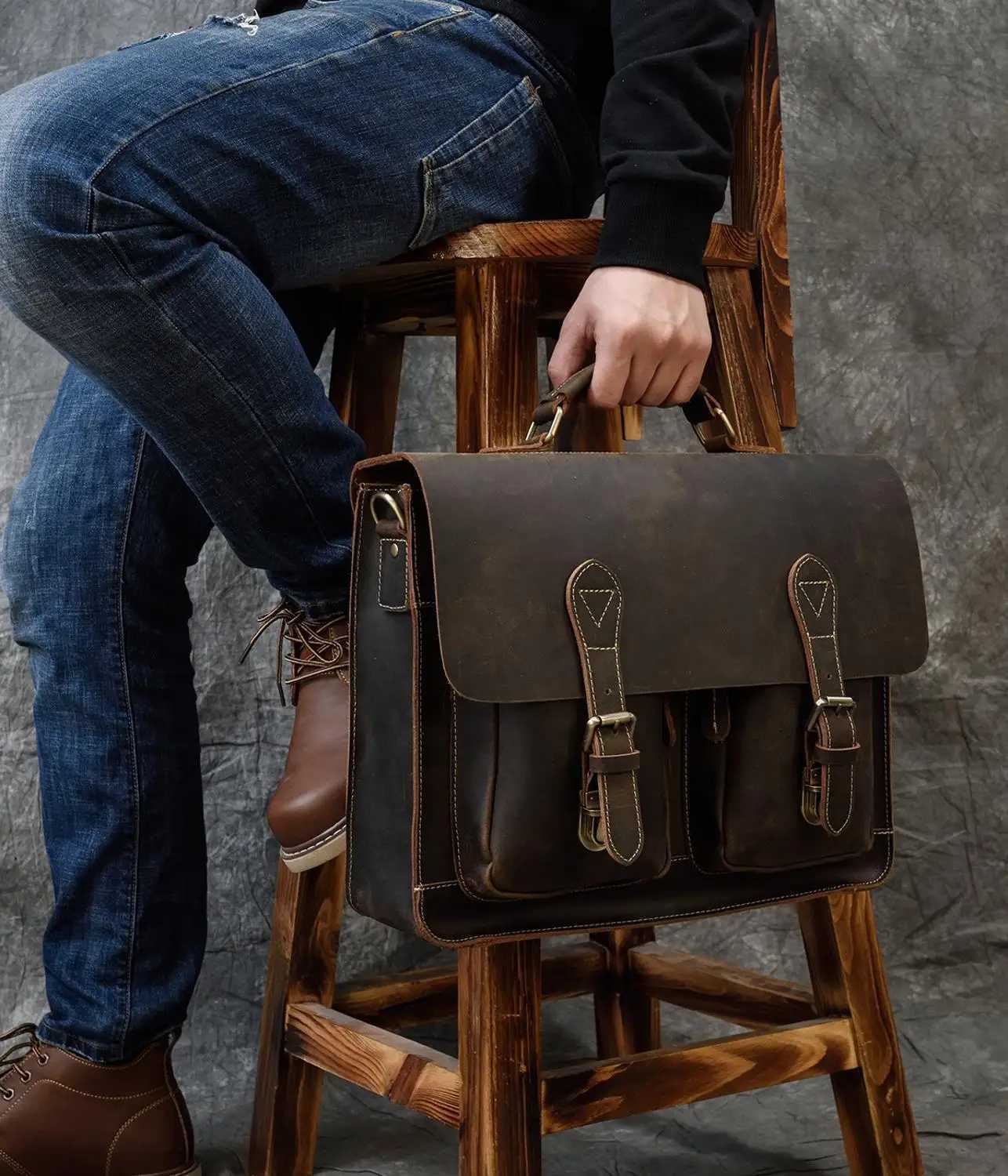 Vintage Men Briefcase Crazy Horse Genuine Leather Man Male Laptop Handbag Large Shoulder Messenger Portfolio Bag Business Case Z250906