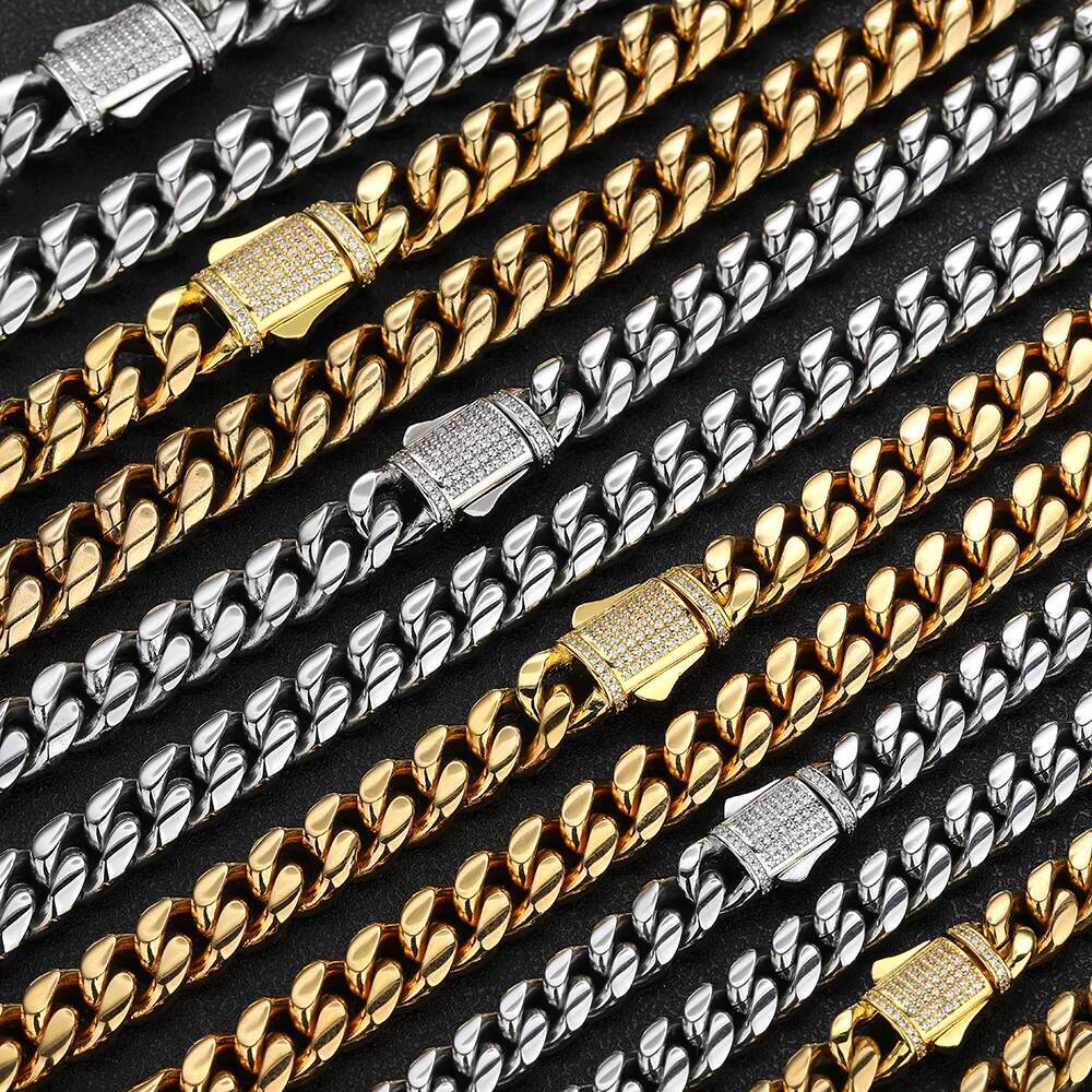 Nuoya 8/10/12mm Hight Quality Cuban Link Chain Stainless Steel Jewelry Iced Out Clasp Silver Gold Plated Curb Chain Necklace