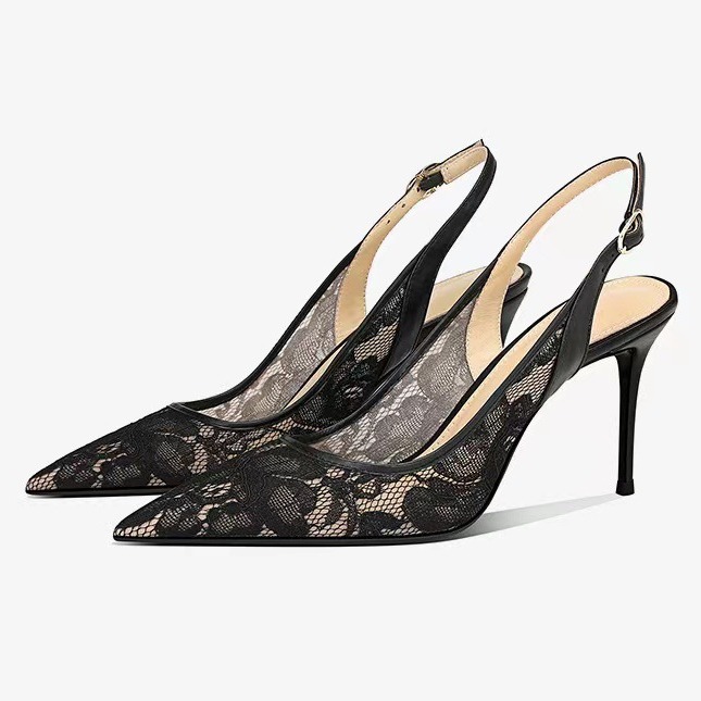Free shipping Designer Dress Shoes Black lace fashionable sandals for women with slim heels pointed toe temperament high heels