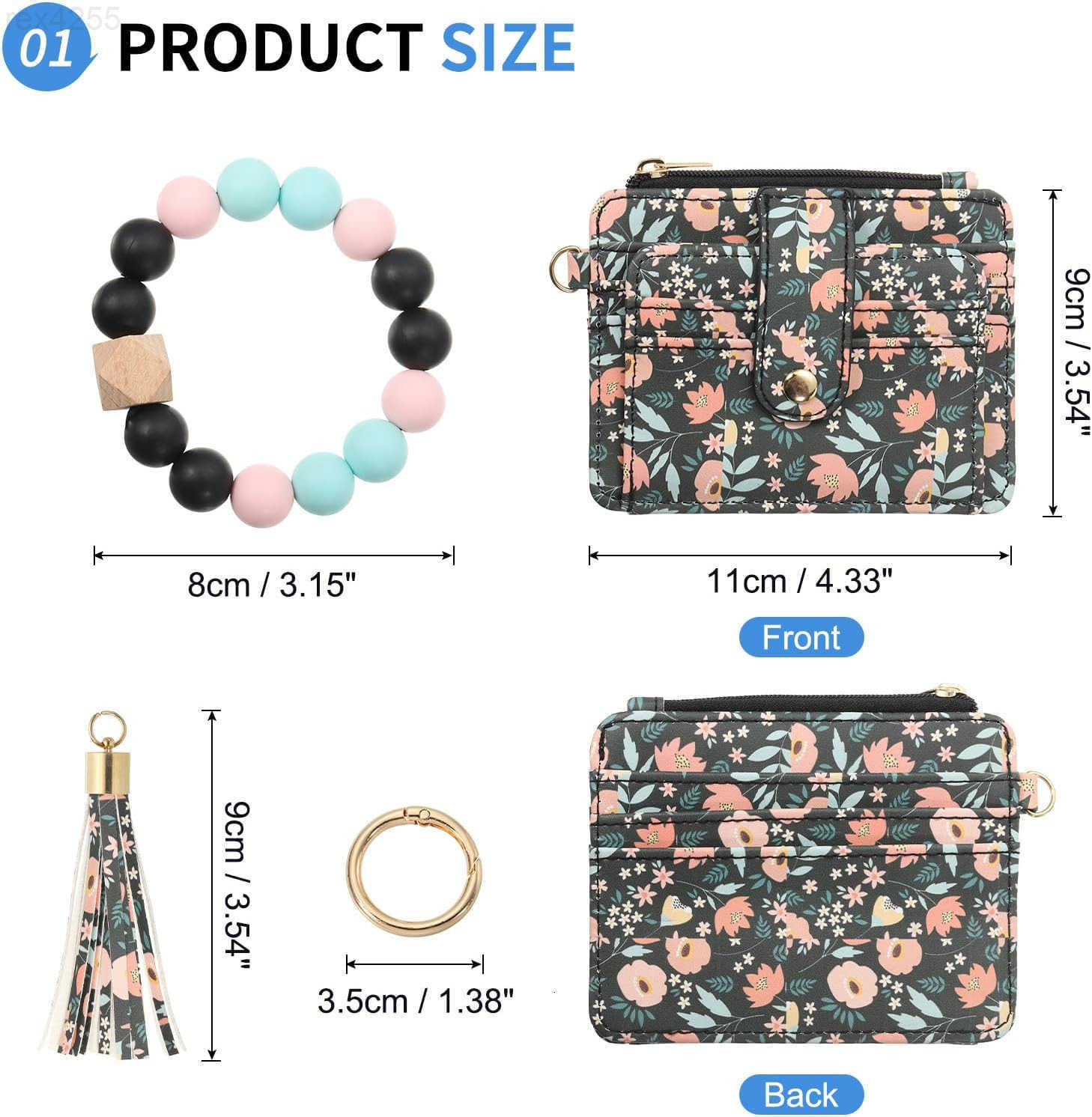 Small Credit Card Wallet with Keychain Wristlet Beads Ring PU Leather Card Holder 8 Card Slots 1 ID Window 1 Zipper Pocket Flower PrintW250911