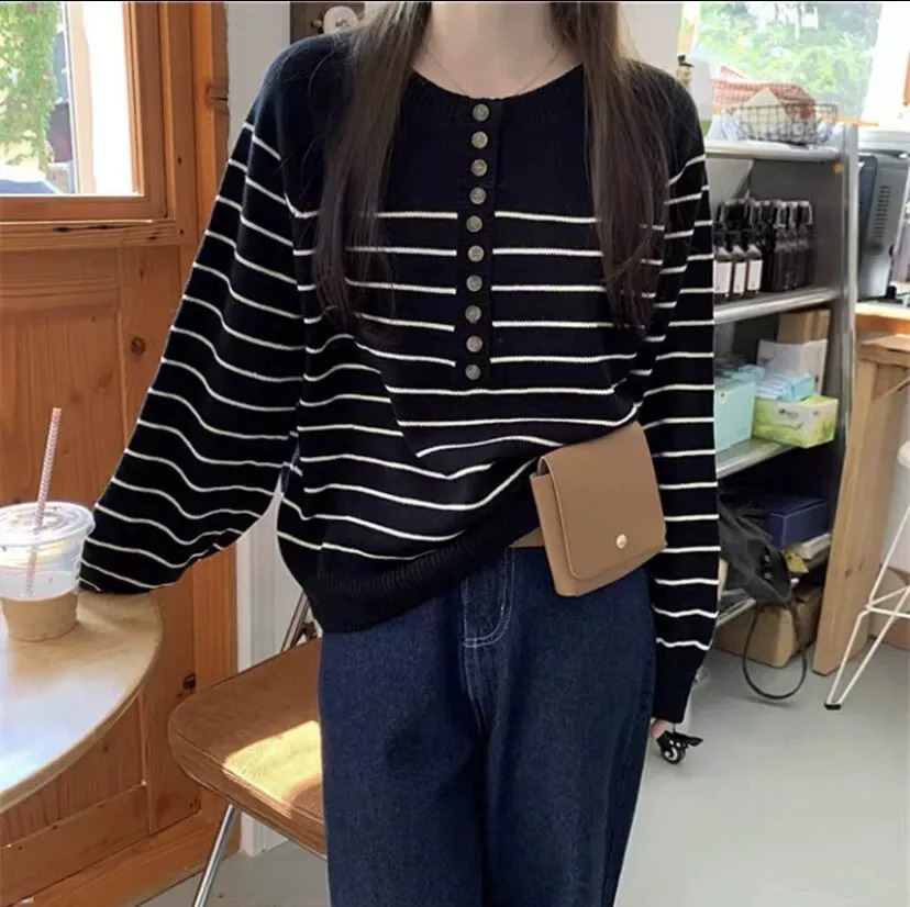 French crewneck sweater Womens halfopen neck breasted horizontal striped long sleeve pullover cashmere loose knit top 250911