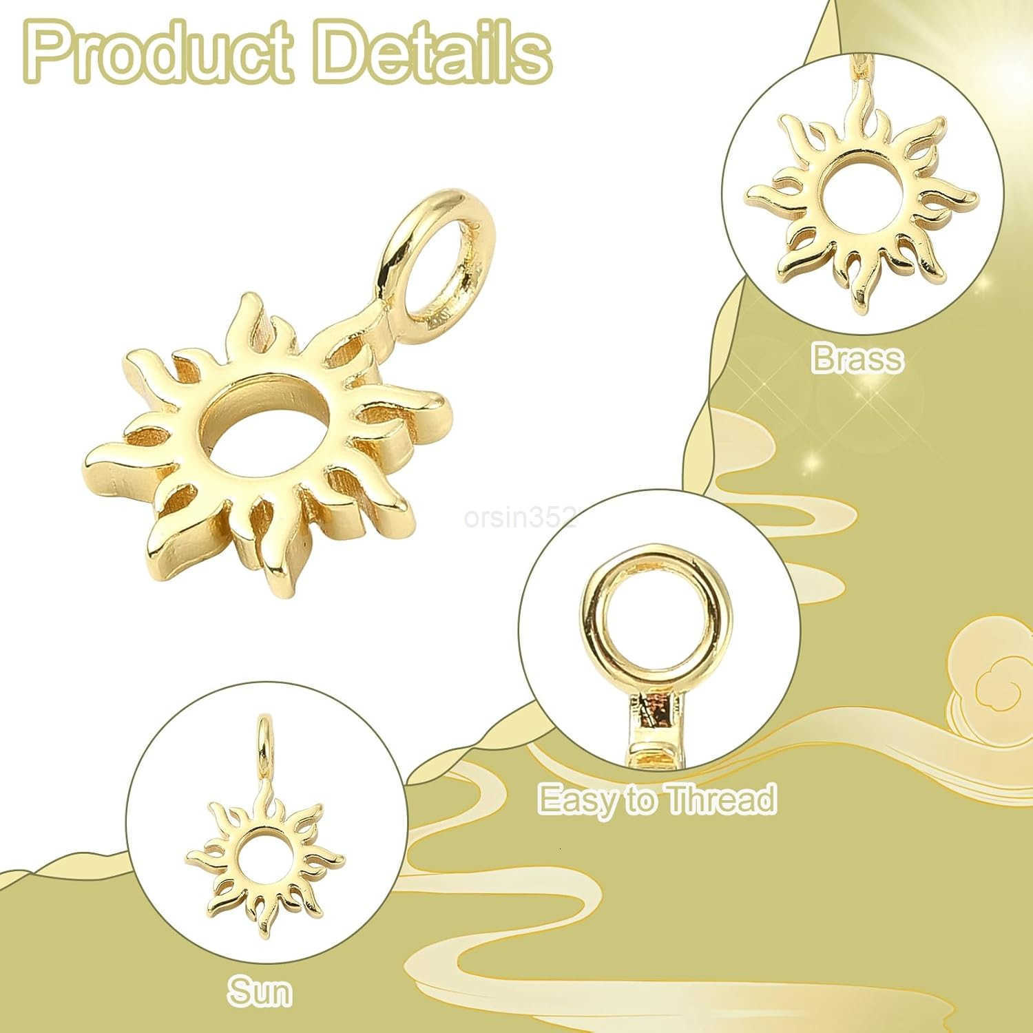 8 Pcs Brass Sun Charms Golden Celestial Charms 14K Gold Plated Sunshine Charms for DIY Craft Keychain Necklace Earring Bag Jewelry MakingW250911