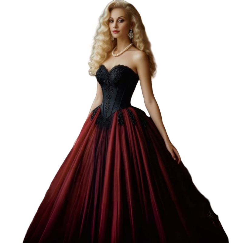 Dark Red With Black Retro Prom Dresses Sweetheart Corset A-Line Evening Gown Gothic Reception Gown Strapless Sleeveless Long Halloween Costume
