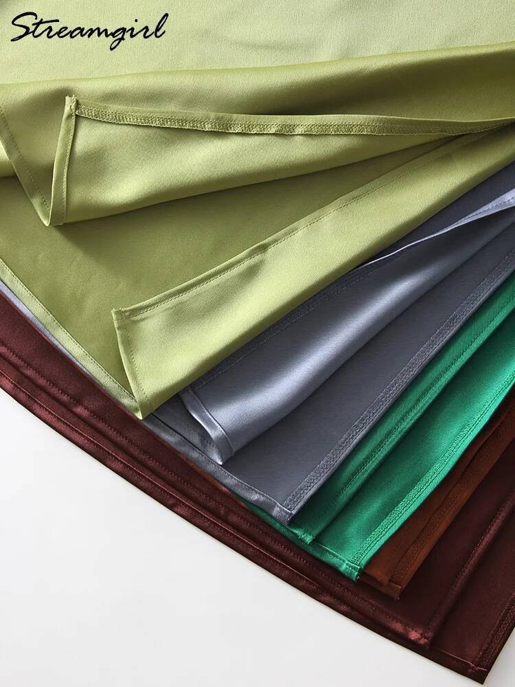 Satin Skirts Summer Black Formal Silk Office With Slit A Line Green Midi Skirt Bury Women Elegant dongdumaoyi