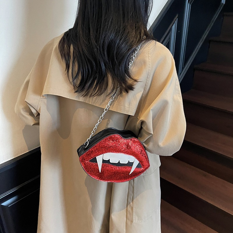 Halloween Autumn New Red Lips, Sharp Teeth, Personalized Style, Niche Design, Trendy Fashion, Women's Shoulder Bag, Designer Bag