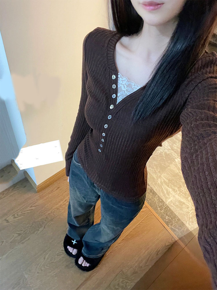 Elevated Vintage Sweater Slim Maillard Brown Pullover Gyaru Autumn Winter Gray Simple V-Neck Knitwear Jumper Casual Thick Warm