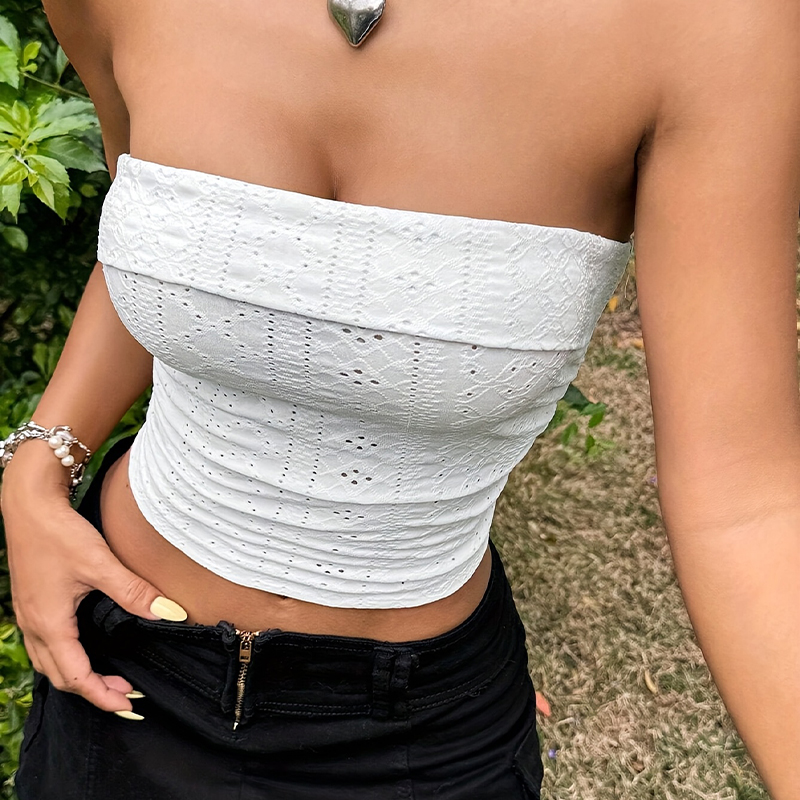 Hot girl street jacquard semi-transparent one-shoulder slimming strapless back trendy solid color versatile top