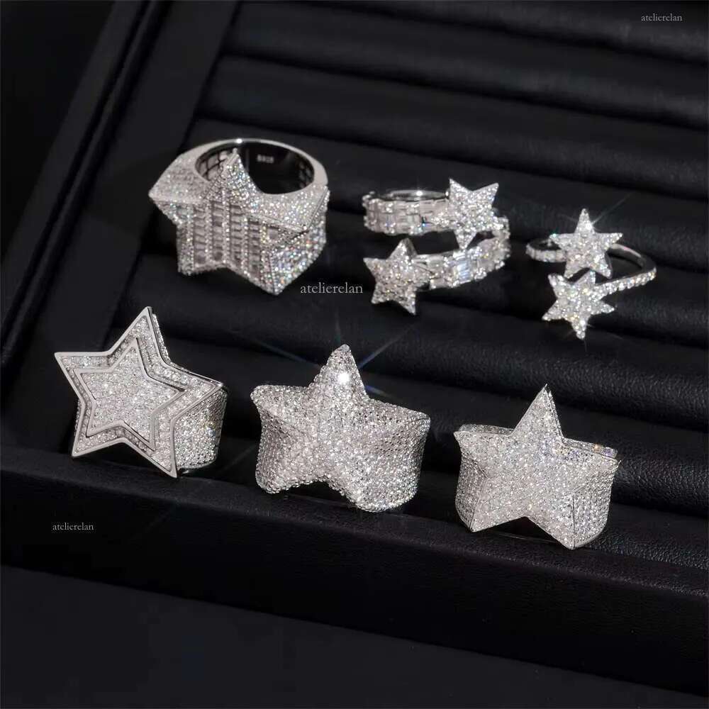 Hot Sale Instock Iced Out Star Moissanite Rings Sier Hip Hop Pass Dia Tester Fashion Men Cuban Ring