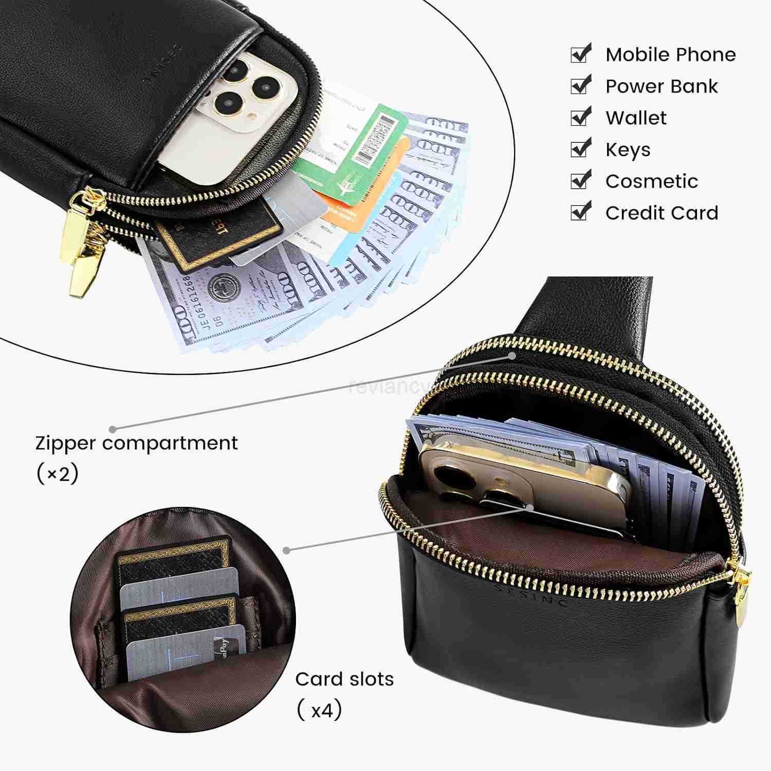Crossbody Bag for Women Waterproof Leather Small Sling Bag Crossbody Fanny Packs for Travel Adjustable Strap 3 Pockets Cross body Bag Purse for Women 