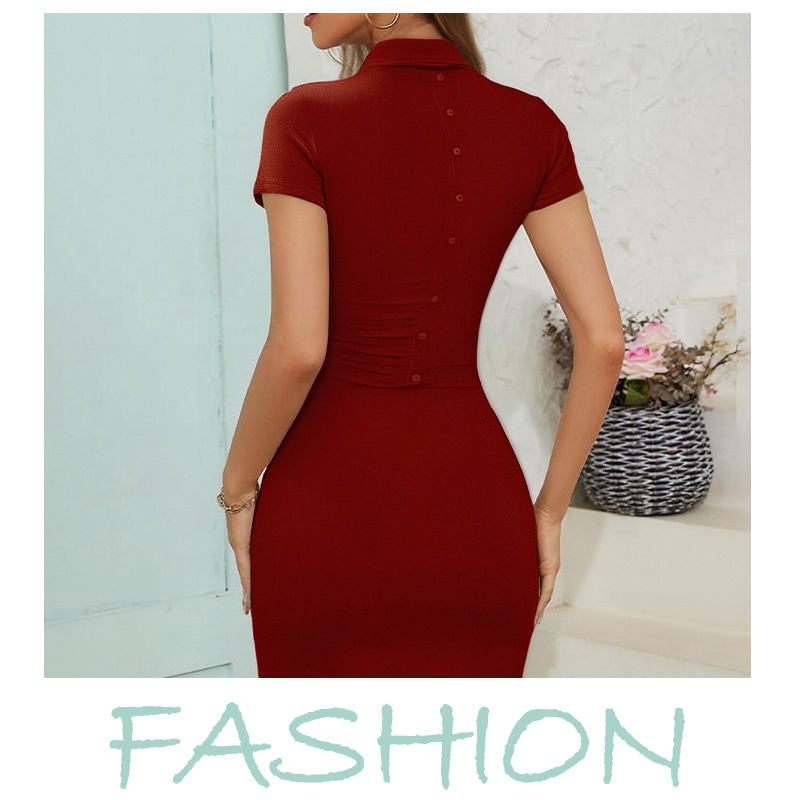 Basic & Casual Dresses Women's Short Sleeve Bodycon Shirt Dress in Burgundy Red