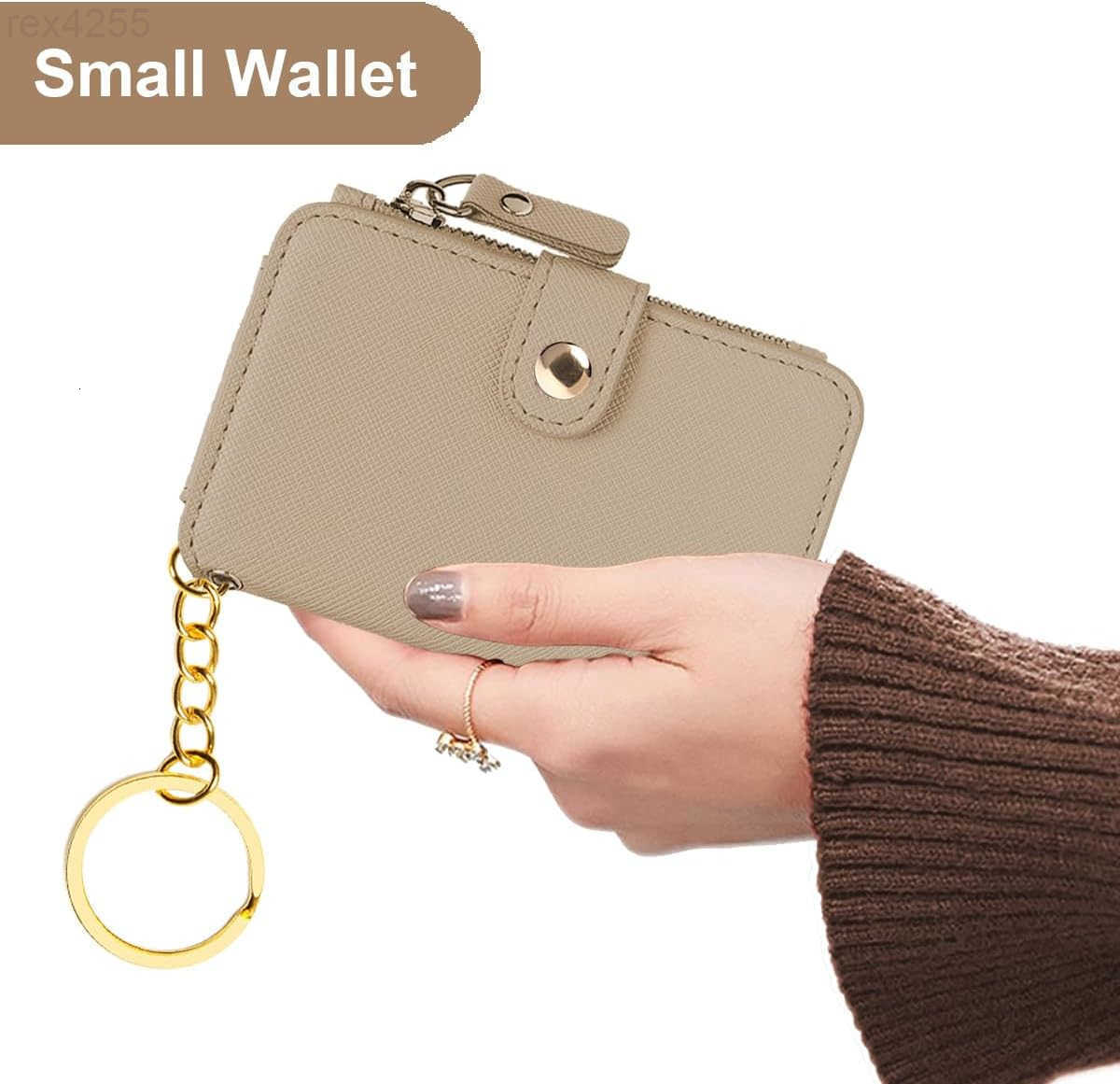Wallet Womens Wallet Leather Keychain Wallet With Zipper Coin Pocket ID Window Wrist Strap Gift Box KhakiW250911