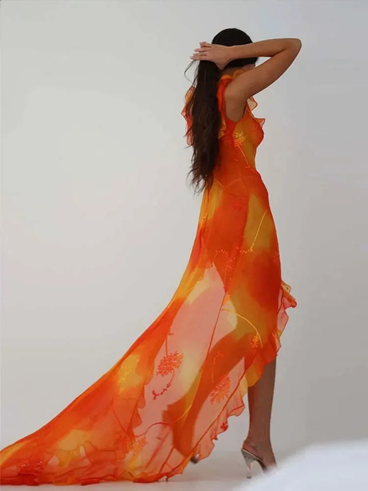 Orange Tie Dyed Printed Trailing Dress Low Cut Backless Ruffle High Split Long Dresses Summer Chic Female Party Evening Robe 250910