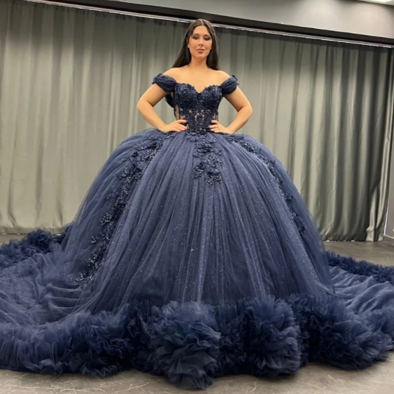 Navy Blue Shiny Ball Gown Quinceanera Dresses Off The Shoulder Applique Flower Beads Tiered Tull Party Birthday Sweet 16 Dress Vestidos 15 De Anos