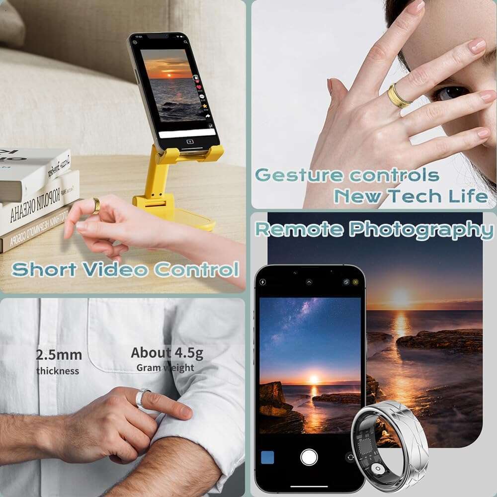 Smart Sleep Tracking Heart Rate Monitor Pedometer, Waterproof Activity Tracker Fiess Ring Steps Counter, Gesture Controls for Short Video, 8 Days Last