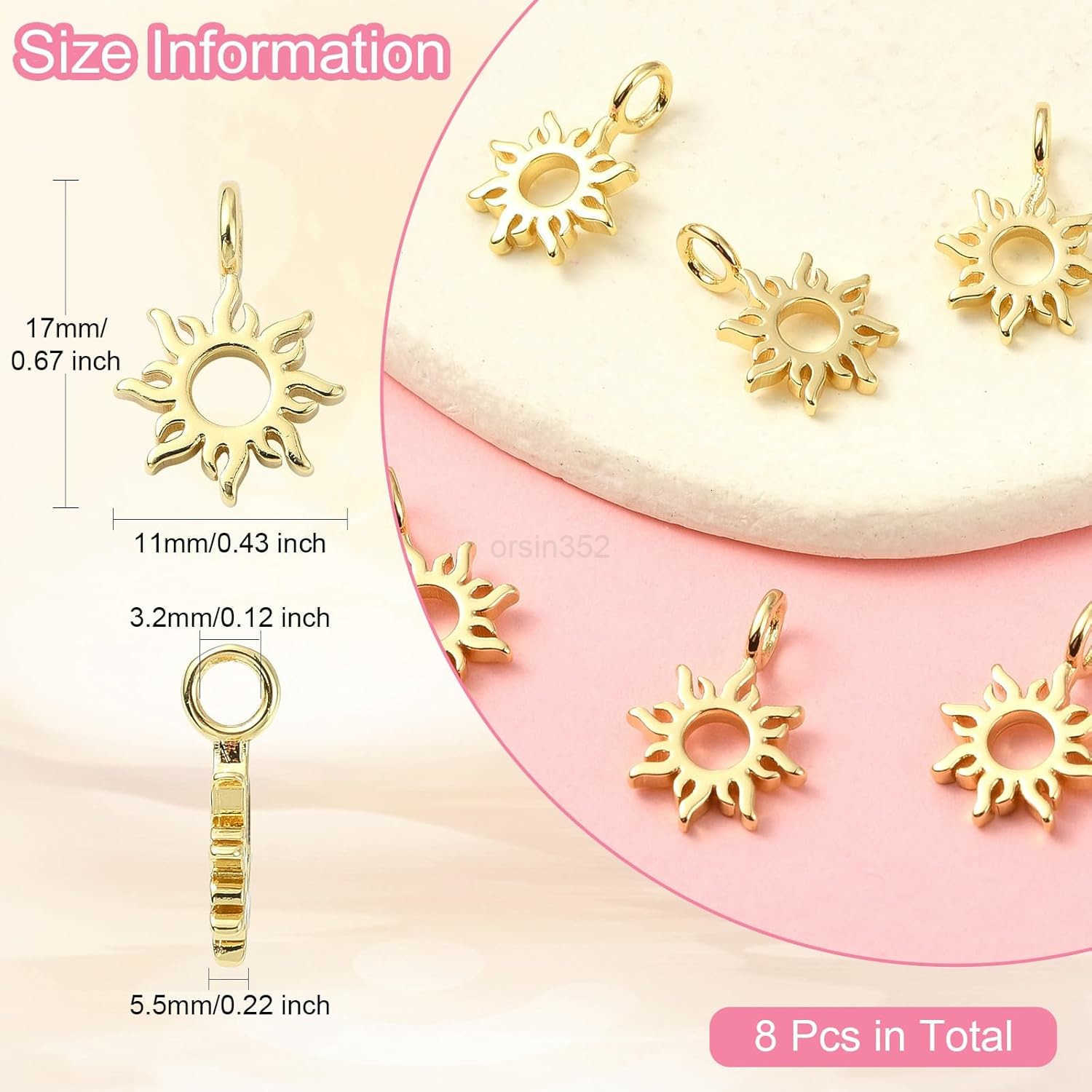 8 Pcs Brass Sun Charms Golden Celestial Charms 14K Gold Plated Sunshine Charms for DIY Craft Keychain Necklace Earring Bag Jewelry MakingW250911