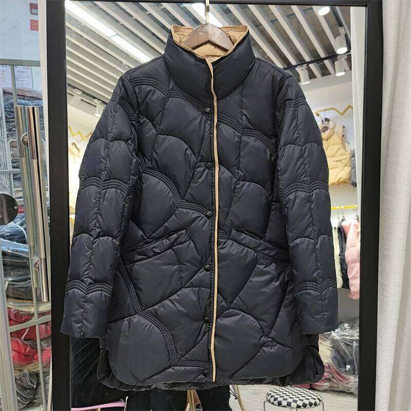 Lagabogy 2025 Mid-Long Puffer Jacket Winter Women Simple White Duck Down Coat Stand Collar Parka Female Single Breasted Outwear