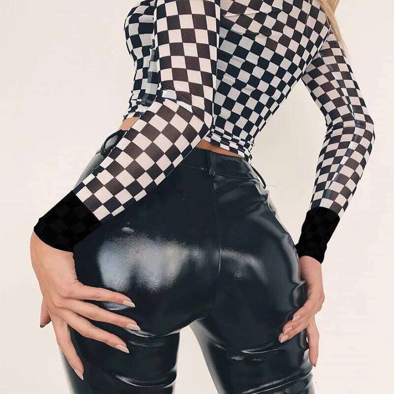 Sexy Black White Plaid Checkerboard T-Shirts For Women Hollow Out Slim Top Female T-Shirt Long Sleeve Tee Shirts