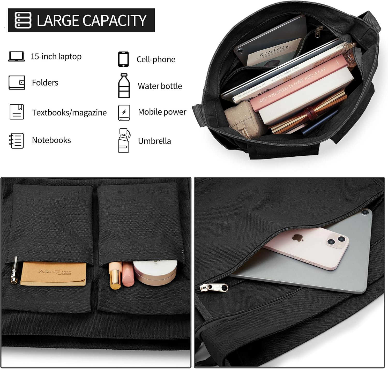 Canvas Tote Bag Messenger Bag Large Crossbody Bag for Women or Men Casual Canvas Shoulder Bag for College Work DailyW250911