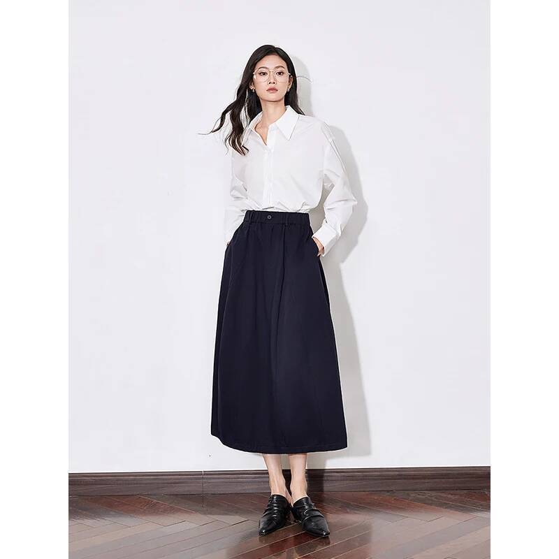 TOYOUTH Women 2025 Spring New Solid Color Pure Cotton Mid Waist Versatile Ankle Length A Line Umbrella Skirt Black dongdumaoyi