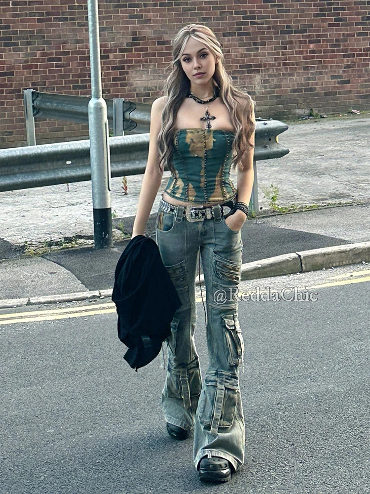 ReddaChic Tall Girl Cargo Pockets Flare Jeans Women Vintage Blue Distressed Zipper Decor Bootcut Pants Grunge Y2k Streetwear 250911