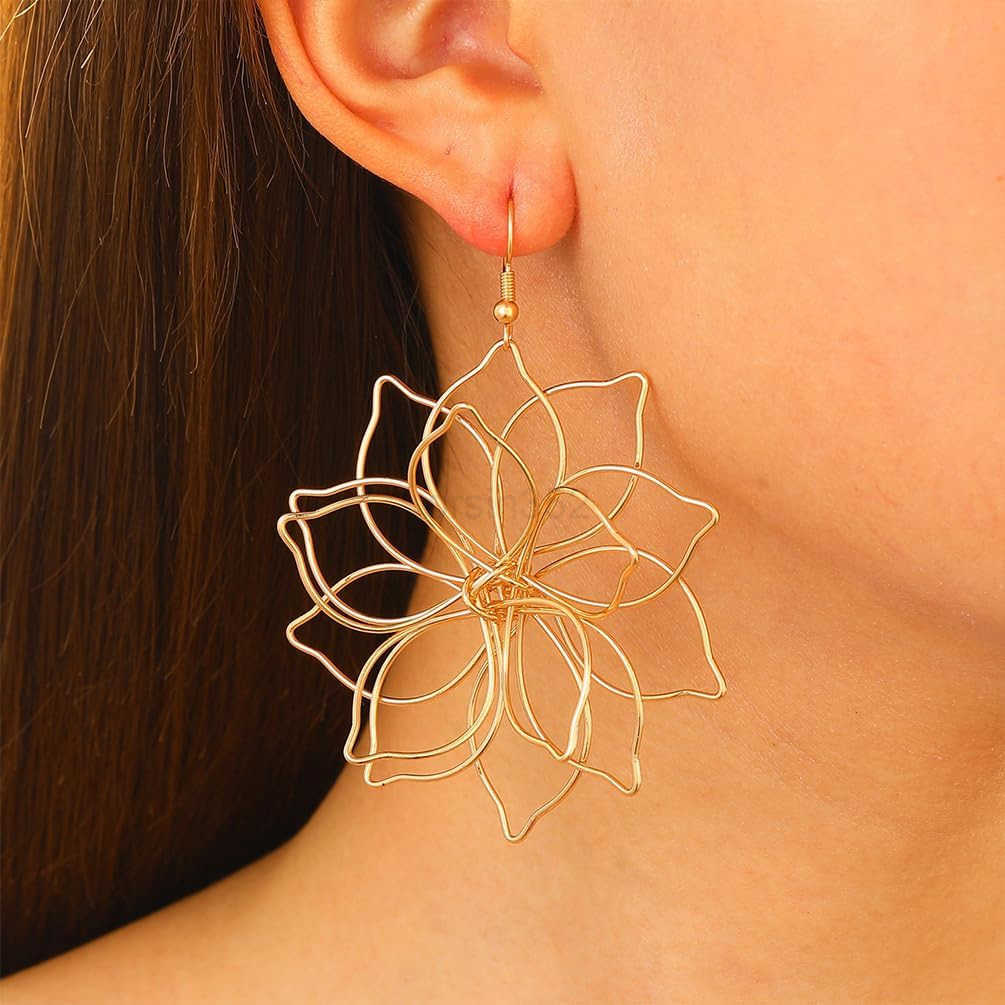 Big Gold Wire Flower Earrings for Women Simple Large Hollow Floral Drop Dangly Earring Charm Silver Trendy Dangling Ear Aesthetic Jewelry GiftsW250911
