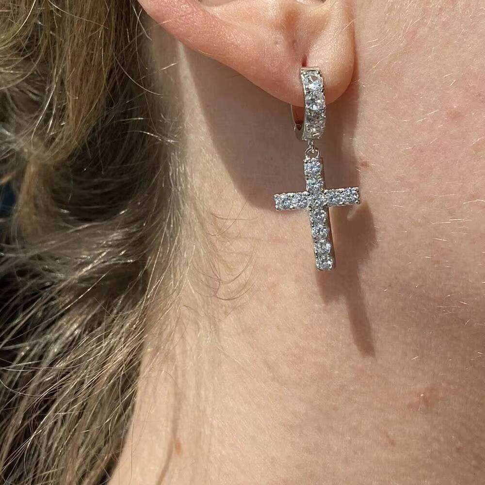 Custom Sterling Sier Moissanite & Dia Cross Earrings Gold Plated Hip Hop Style Women's Jewelry for Weddings