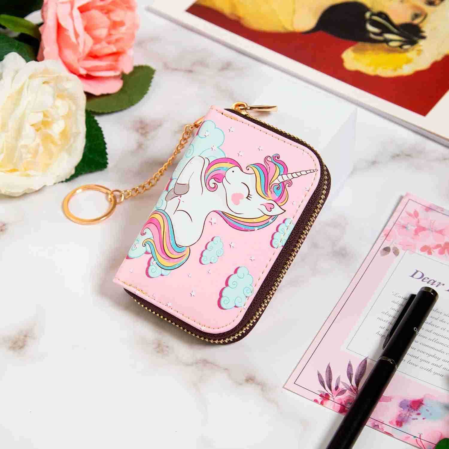 Credit Card Holder RFID Blocking Wallet for Women Small Slim Leather Wallets with Keychain Zipper Business Cards Case Cute Unicorn PinkW250911