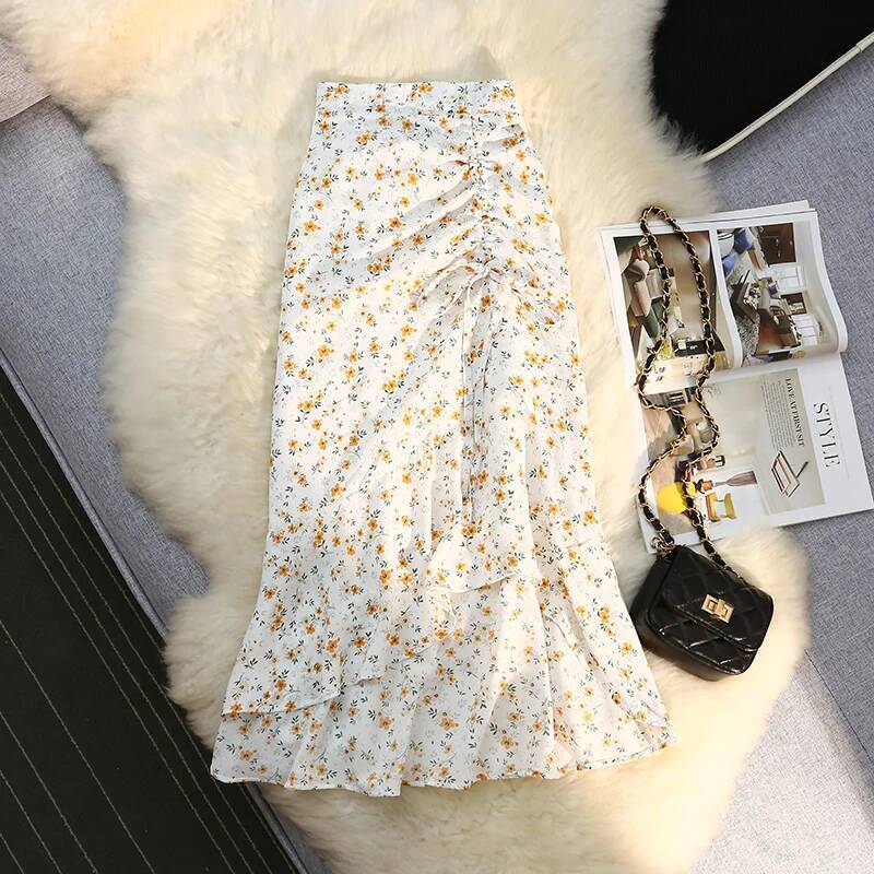 Seoulish Women Spring Summer Irregular Elastic High Waist Elegant Chiffon Floral Printed Pencil Midi Skirt Female 2024 New dongdumaoyi
