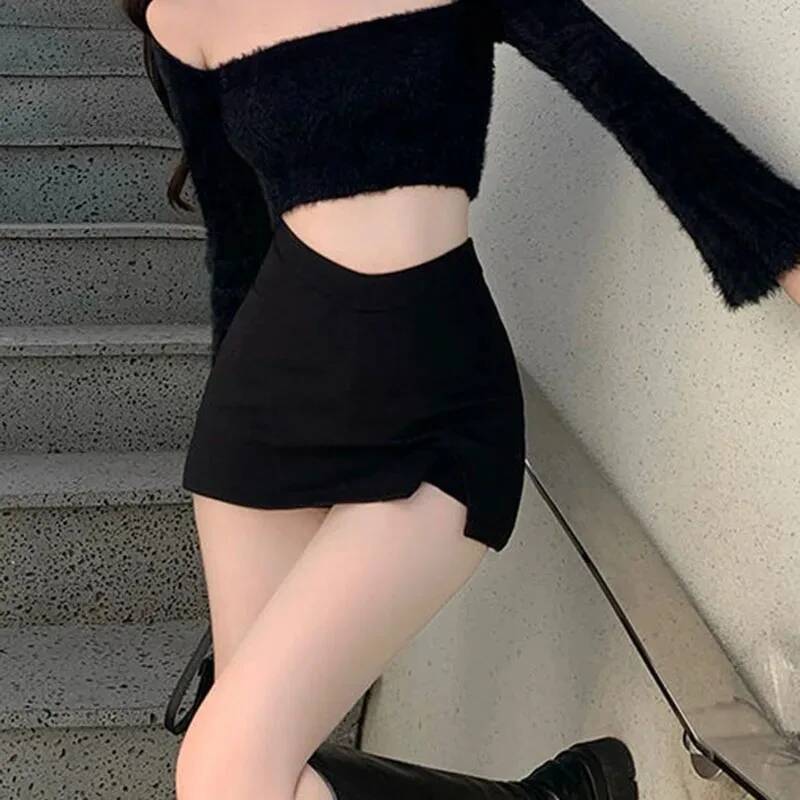 Black Split Mini Skirts Women Summer Sexy Club High Waist Slit Streetwear Korean Party Fashion Irregular Slim A Line Skirt dongdumaoyi