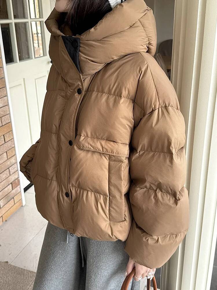 Winter Big Pocket Solid Hooded Quilted Women 90 White Duck Parker Outwear Coat Female Loose Warm Short Down Jacket