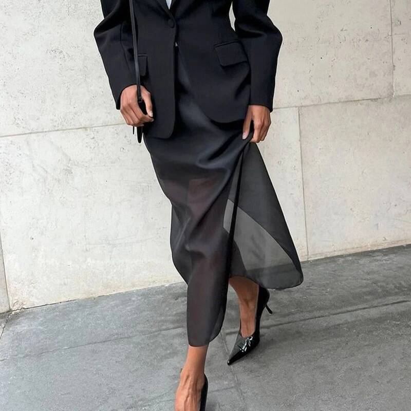 Tornova Black Mesh Skirts For Women Double-layer Design Sexy Perspective High Waist Slit Hip Skirt Female Thin Loose New Summer dongdumaoyi